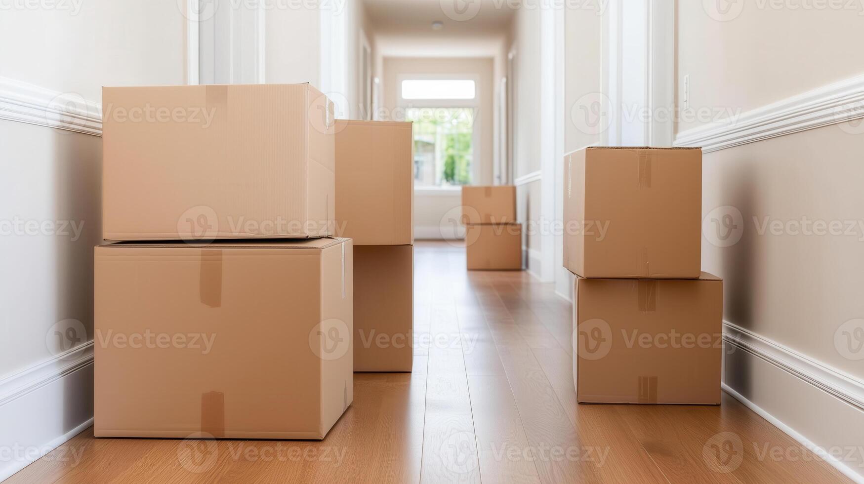 Cardboard boxes stacked in a modern hallway, representing moving, packing, and storage. A clean and organized space. photo