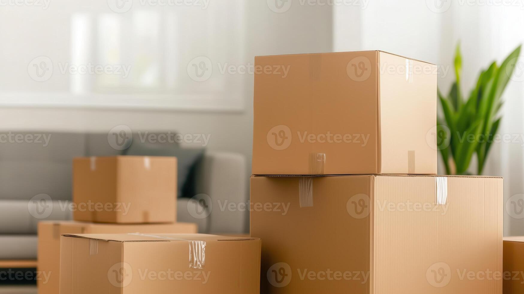 Cardboard boxes arranged in a cozy living room setting, symbolizing moving, packing, or storage activities. photo