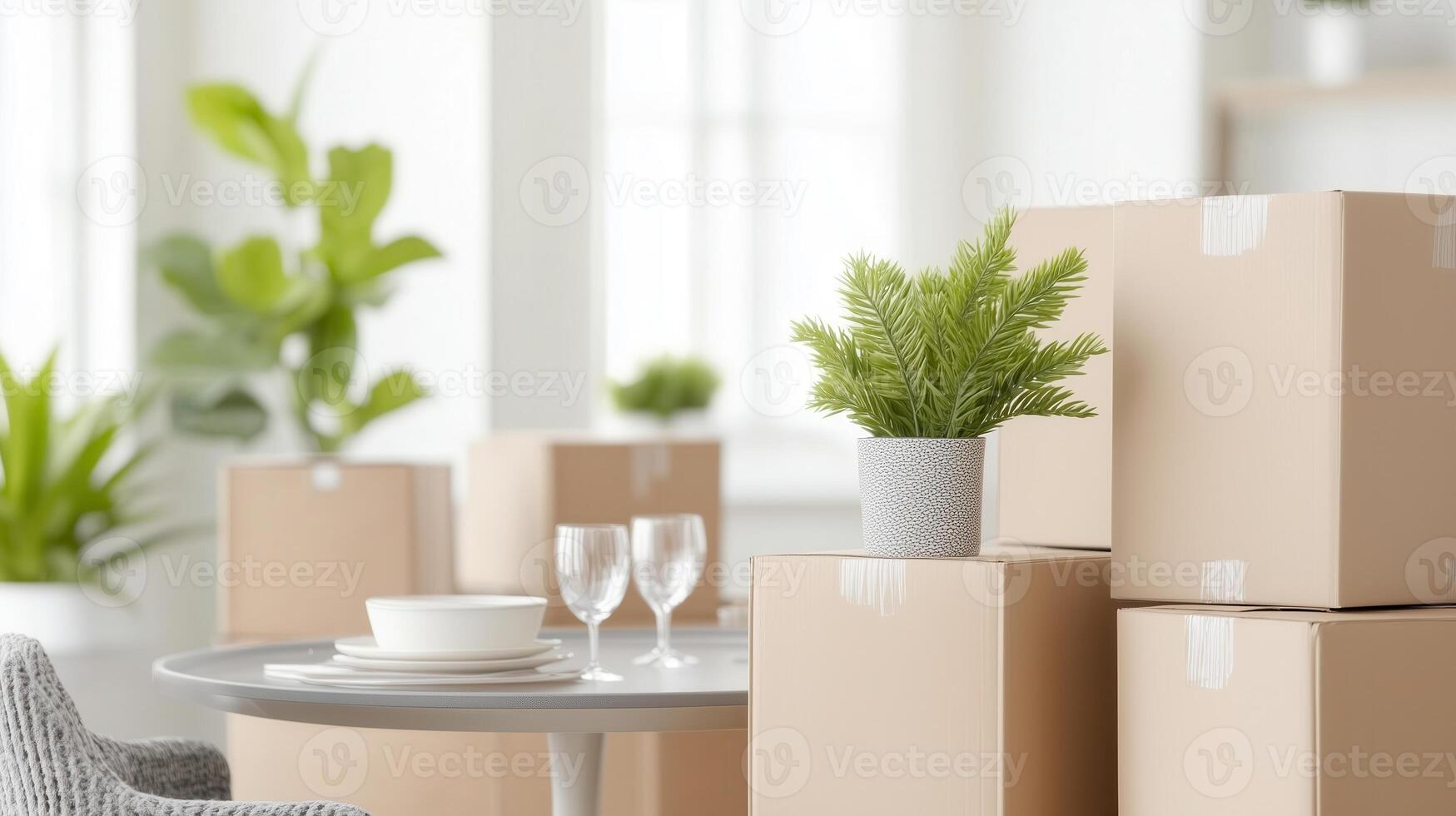 Stylish interior with stacked boxes, elegant table setting, and greenery, ideal for moving or home decor themes. photo