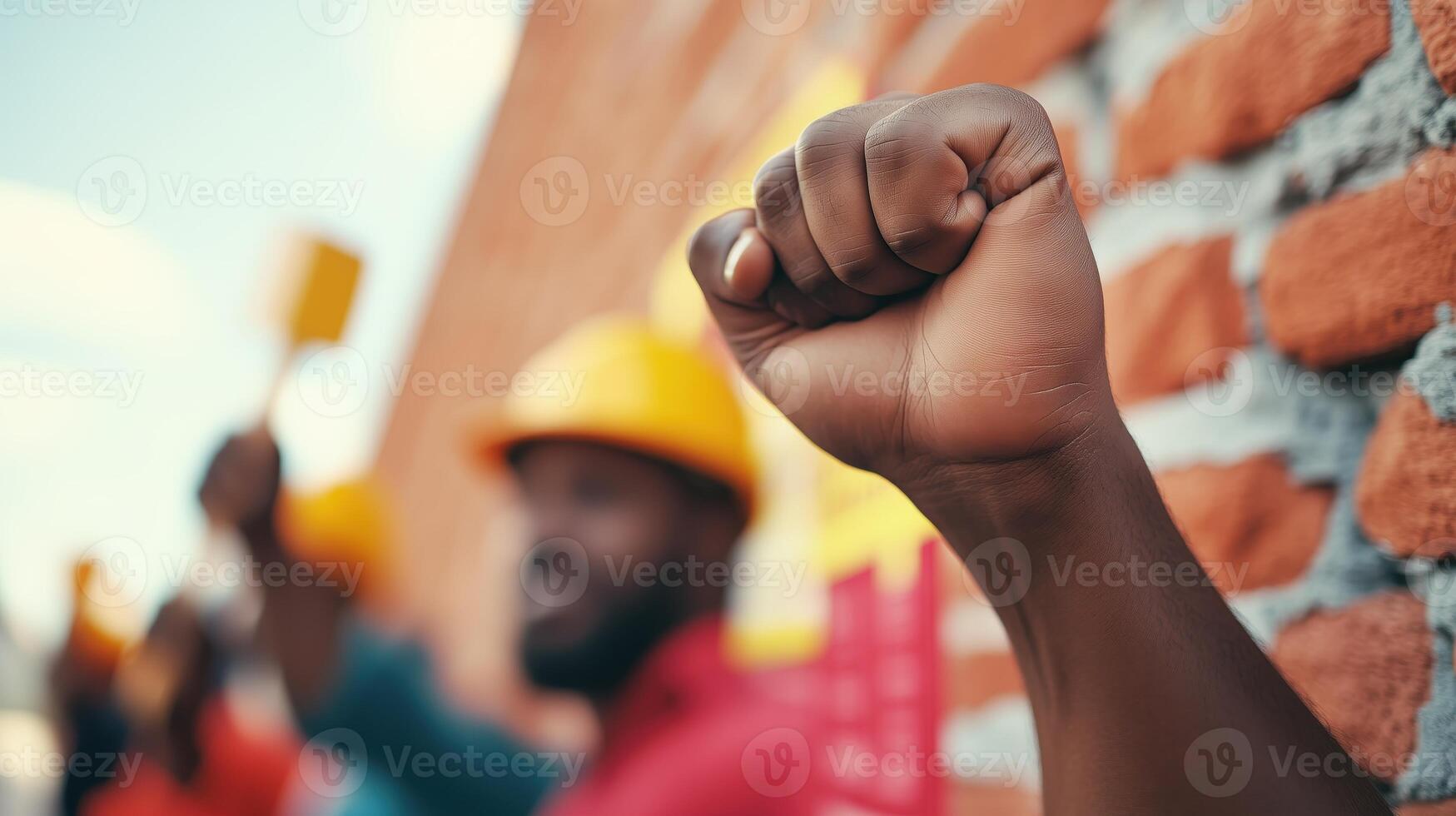 A close-up of a fist raised in celebration among construction workers wearing helmets, symbolizing teamwork and progress. photo