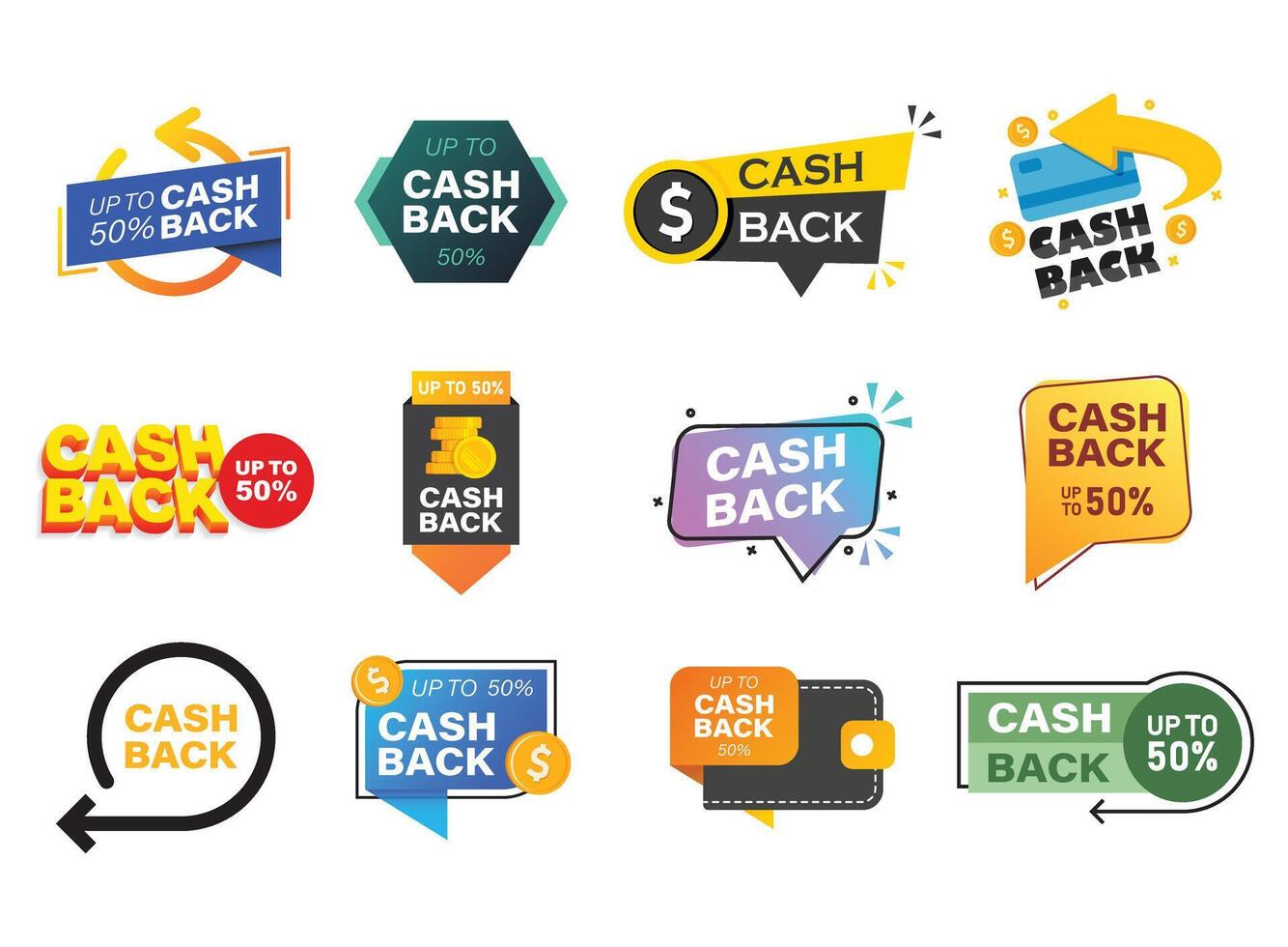 Cashback icon set in flat style. Money back label illustration on isolated background. Cash back poster sign business concept. vector