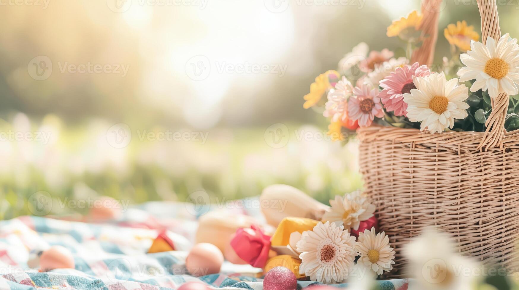 A charming picnic setup featuring a wicker basket filled with colorful flowers and fresh fruits on a sunny day. photo