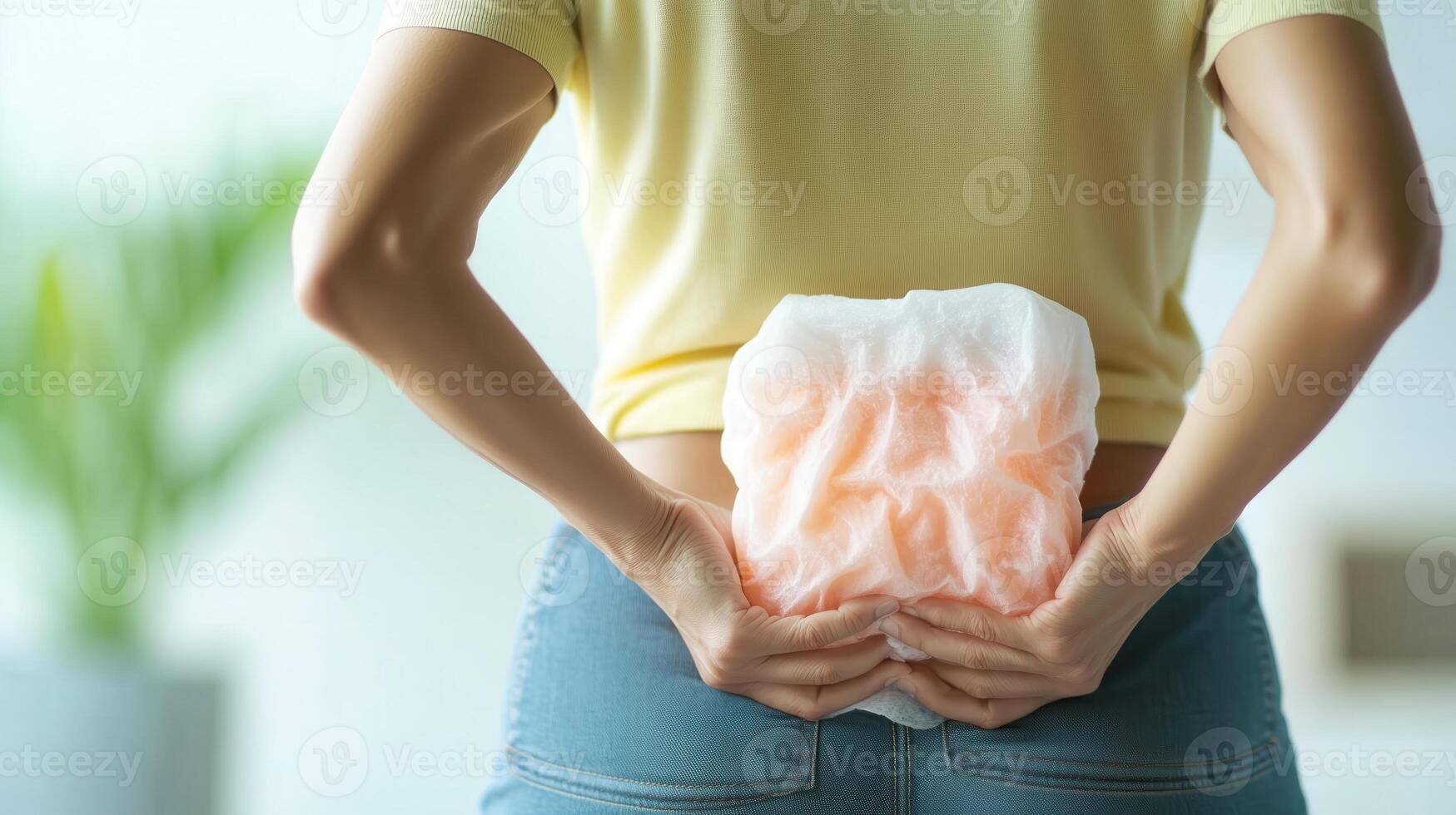 A woman holds an ice pack on her lower back, indicating discomfort or pain relief. Ideal for health and wellness themes. photo