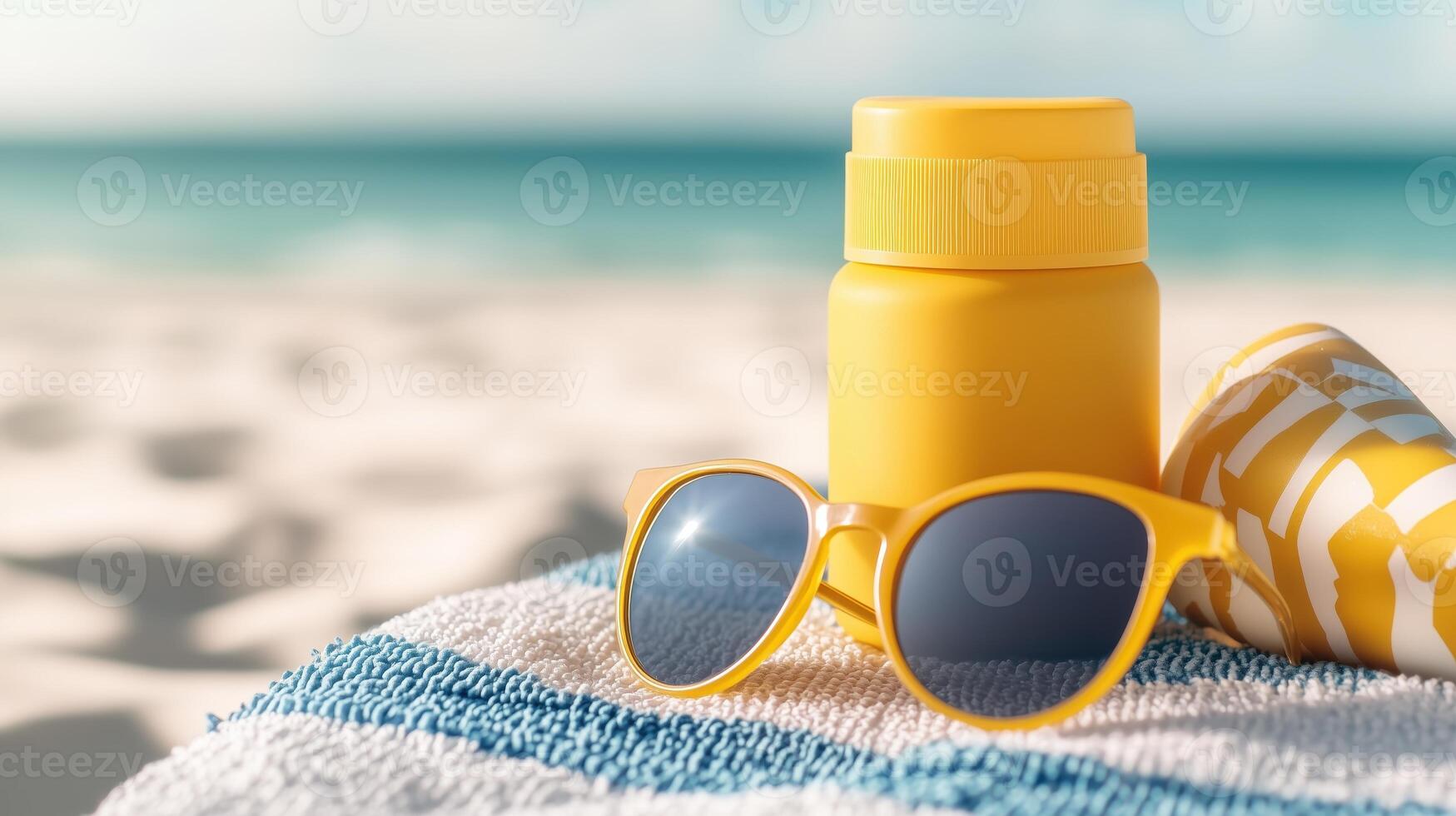 Bright summer essentials on a beach towel, featuring yellow sunglasses, a sunscreen bottle, and a refreshing drink container. photo
