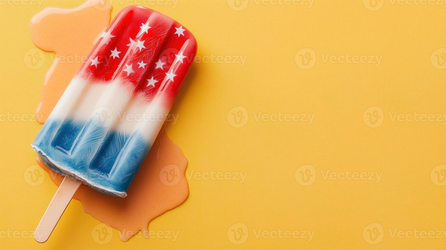 Vibrant ice pop on a yellow background, featuring red, white, and blue colors, perfect for summer celebrations and festive occasions. photo