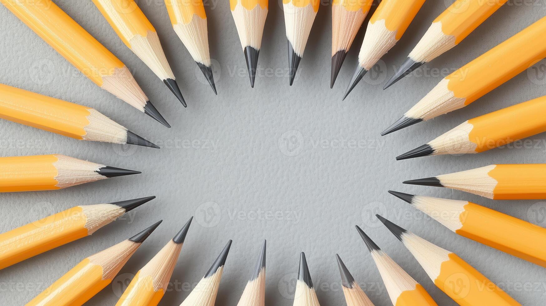 A circle of sharpened yellow pencils arranged on a grey background, ideal for educational and creative projects. photo
