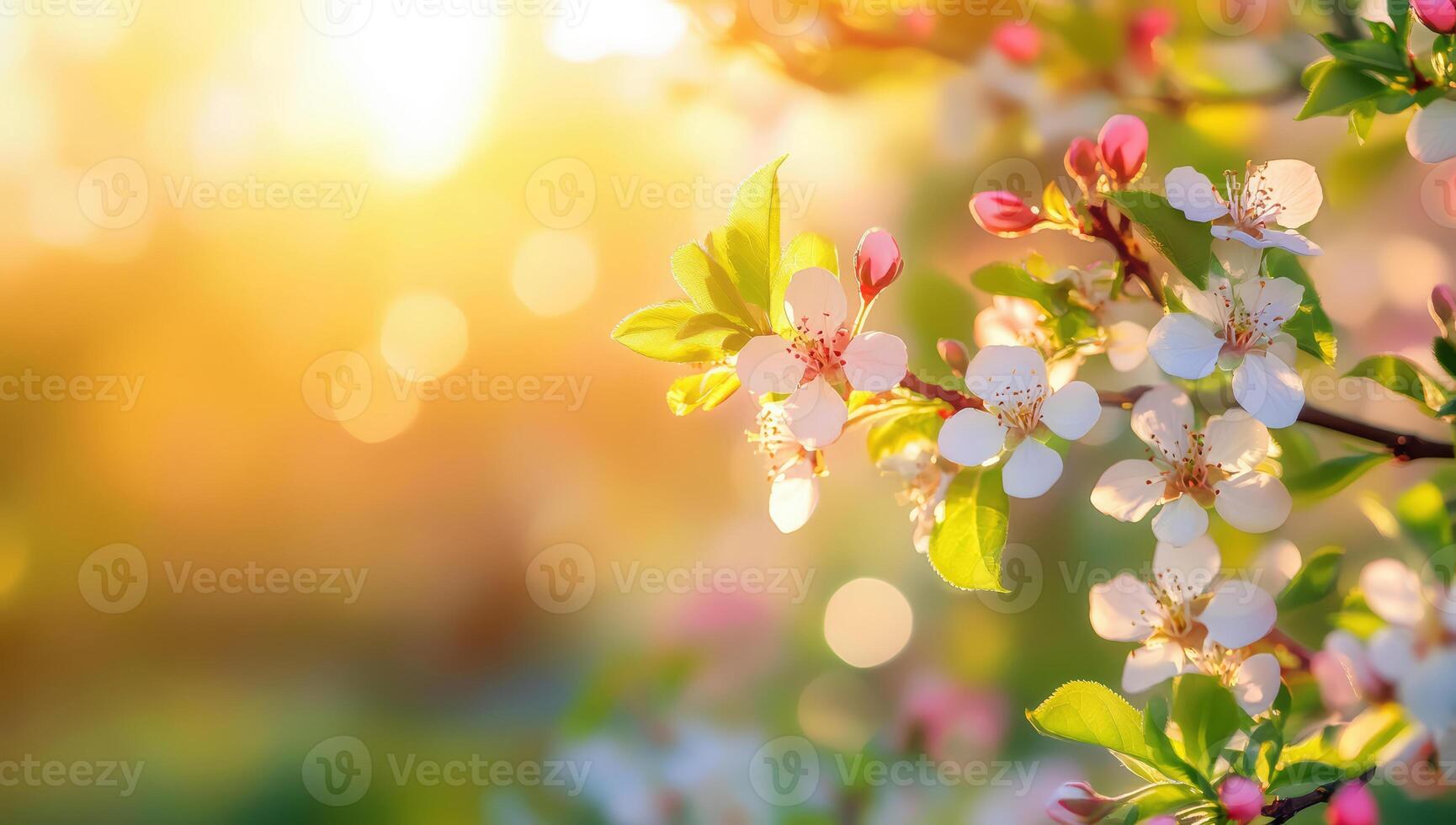 Spring blossom background. Beautiful nature scene with blooming tree and sun flare. Sunny day. Spring flowers. Beautiful Orchard. Abstract blurred background. photo