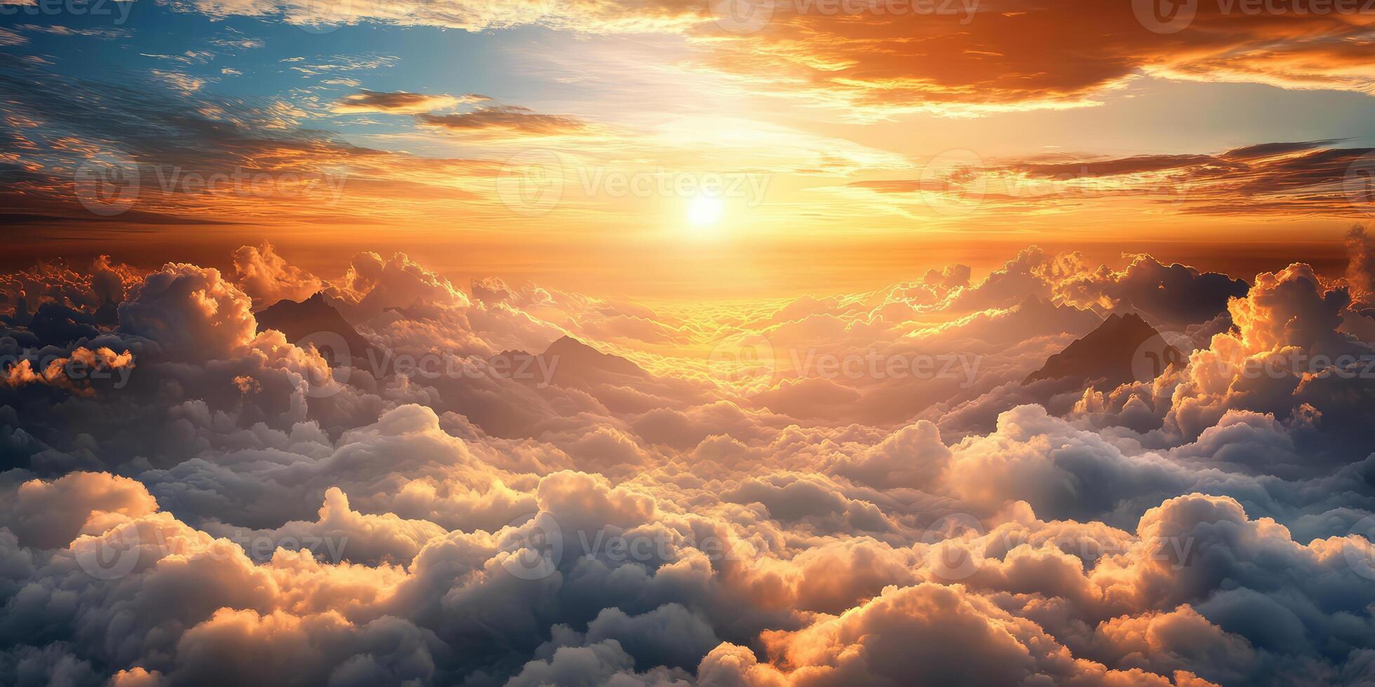 Beautiful sunset over the clouds, view from above, mountains in the distance, photorealistic photo