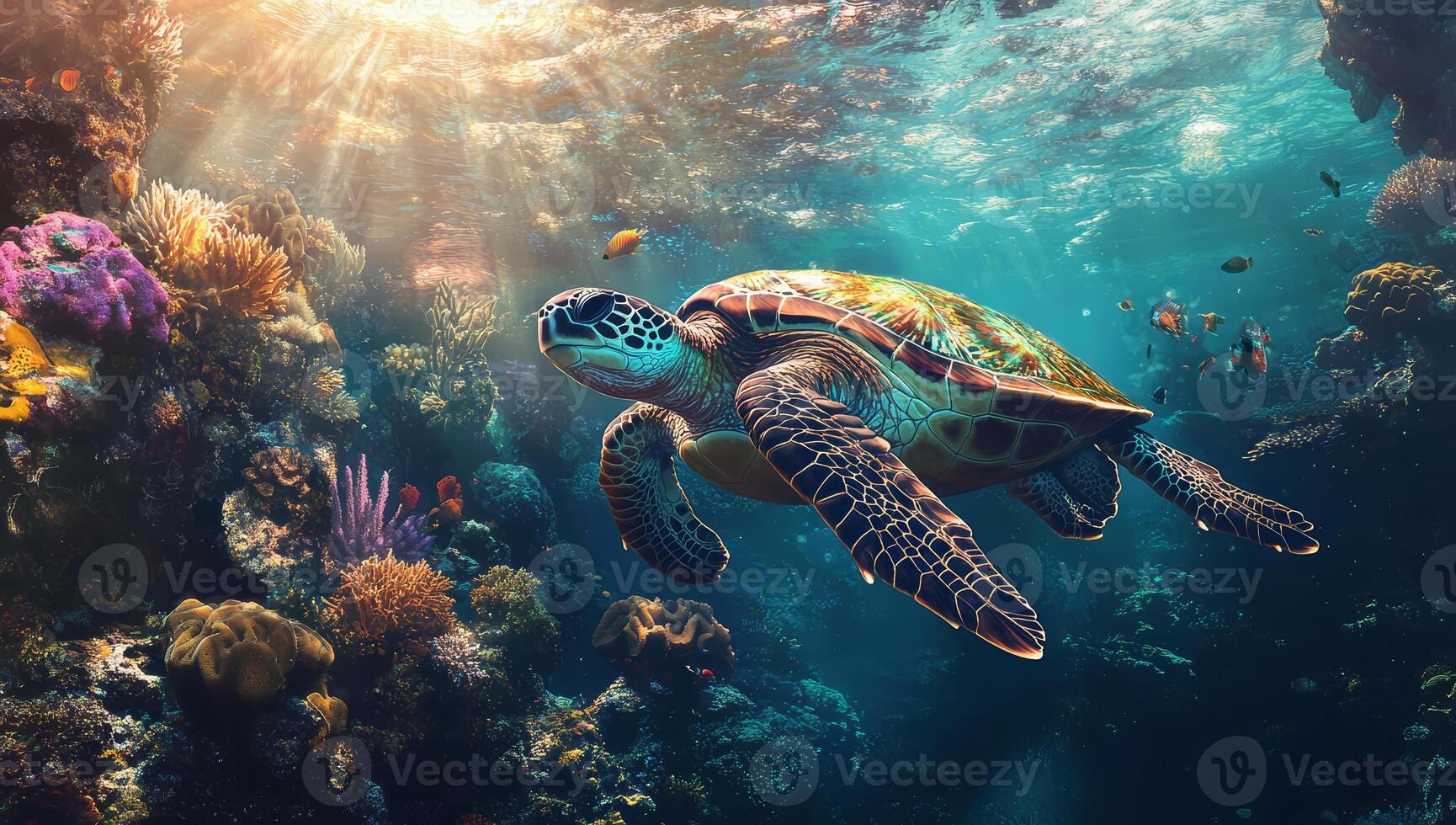 Sea turtle swimming in the under sea , Beautiful Underwater and colorfull coral in wild nature of the Pacific Ocean photo