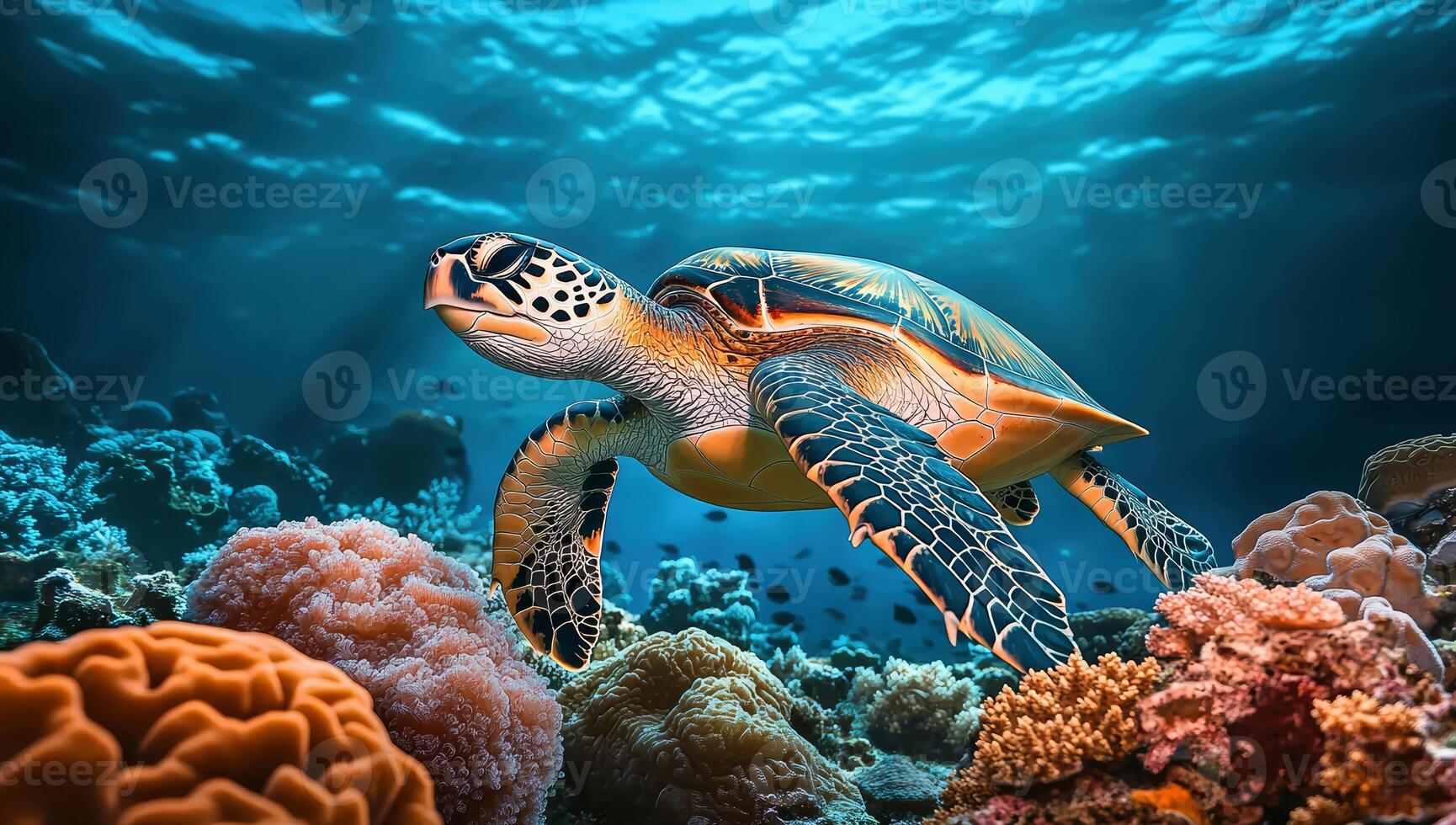 Sea turtle swimming in the under sea , Beautiful Underwater and colorfull coral in wild nature of the Pacific Ocean photo