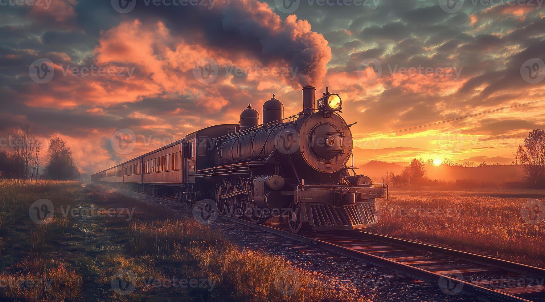 An old train on the railway track, countryside landscape with a beautiful sky, photo realistic
