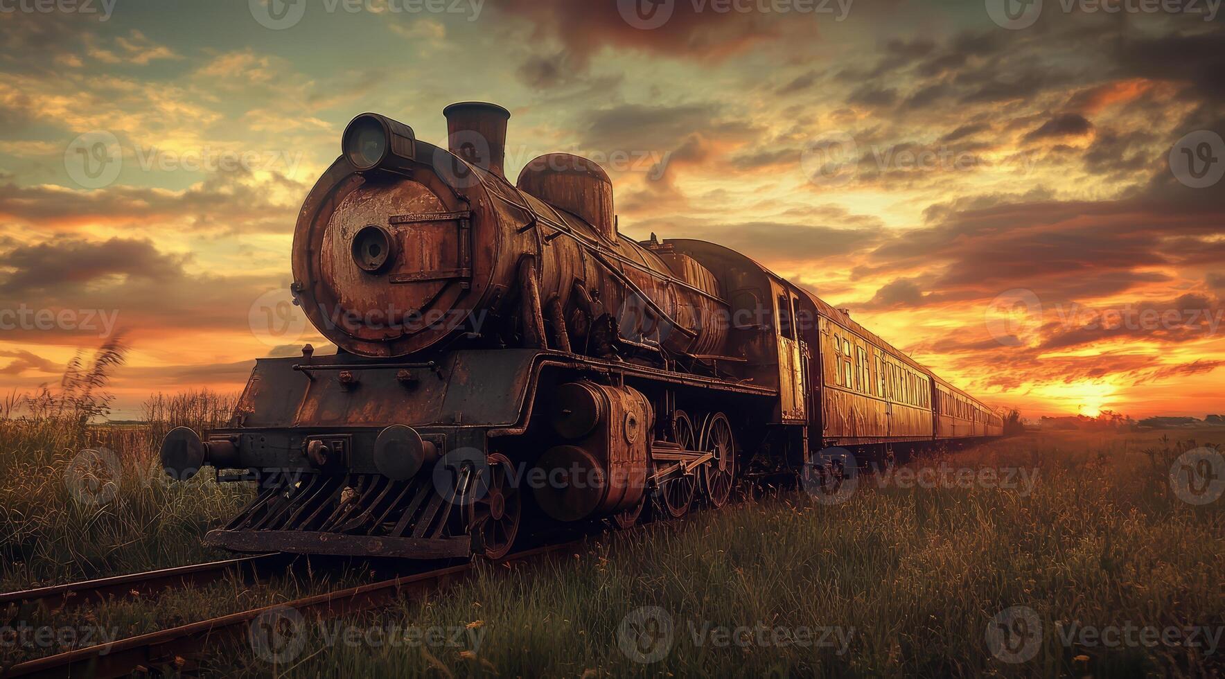 An old train on the railway track, countryside landscape with a beautiful sky, photo realistic
