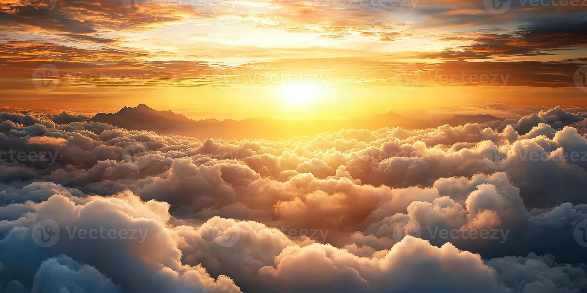 Beautiful sunset over the clouds, view from above, mountains in the distance, photorealistic photo