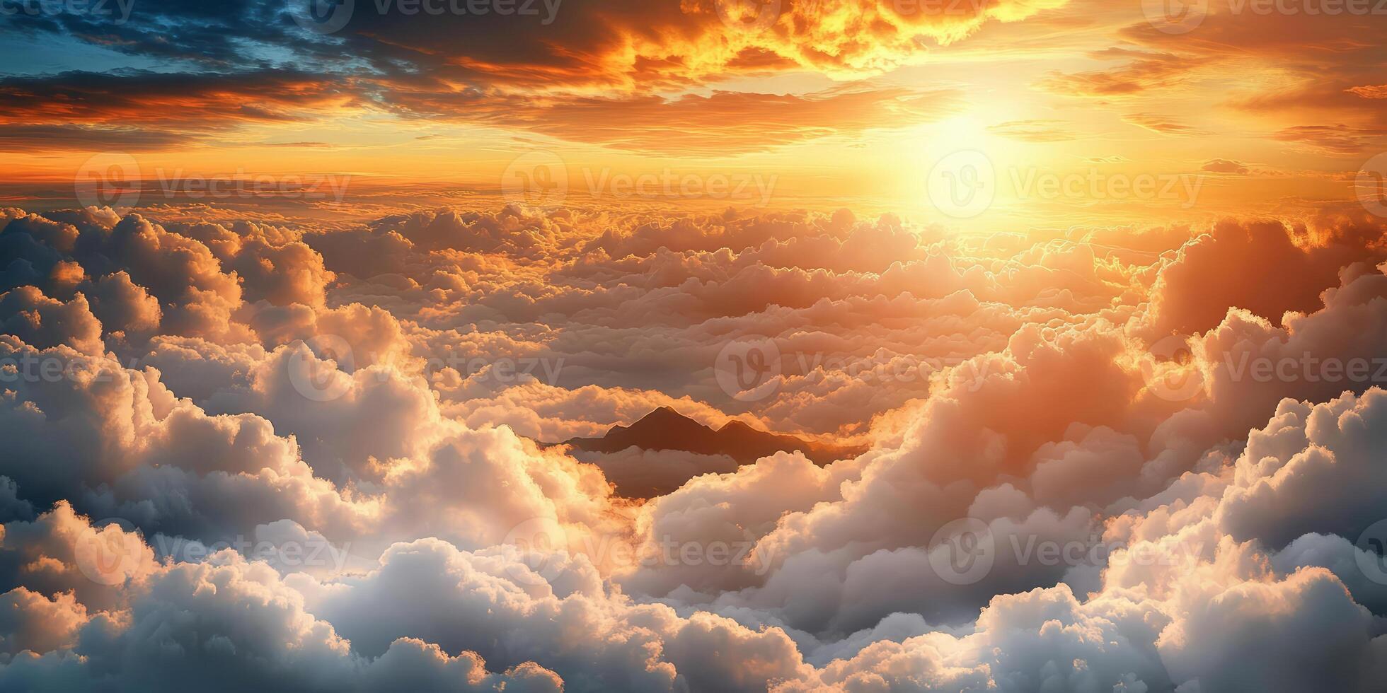 Beautiful sunset over the clouds, view from above, mountains in the distance, photorealistic photo