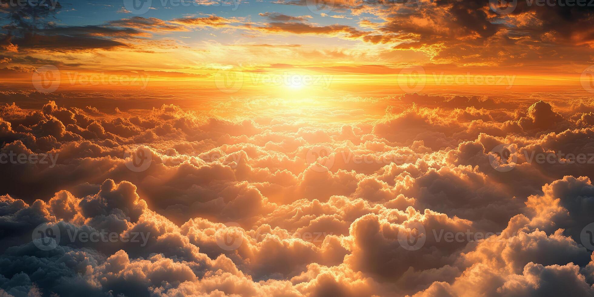 Beautiful sunset over the clouds, view from above, mountains in the distance, photorealistic photo