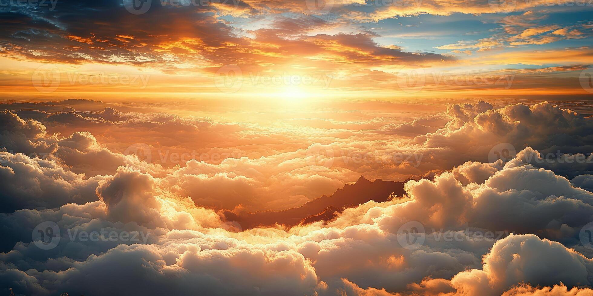 Beautiful sunset over the clouds, view from above, mountains in the distance, photorealistic photo