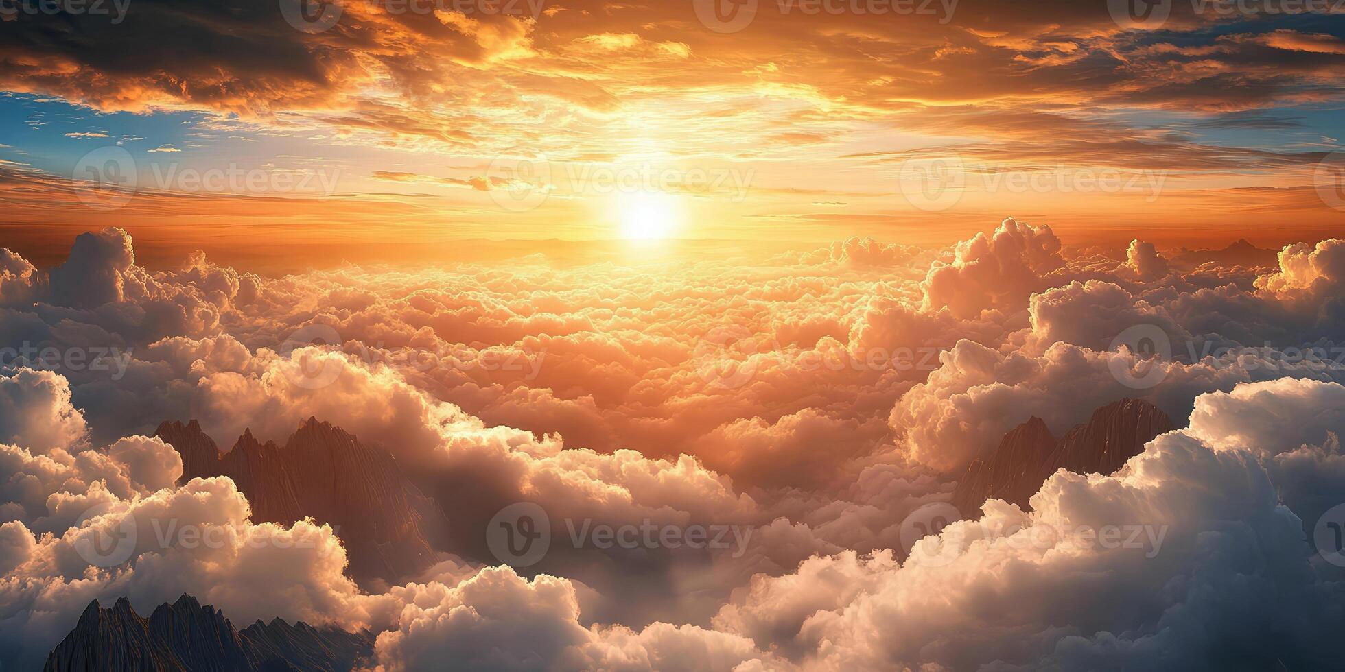 Beautiful sunset over the clouds, view from above, mountains in the distance, photorealistic photo