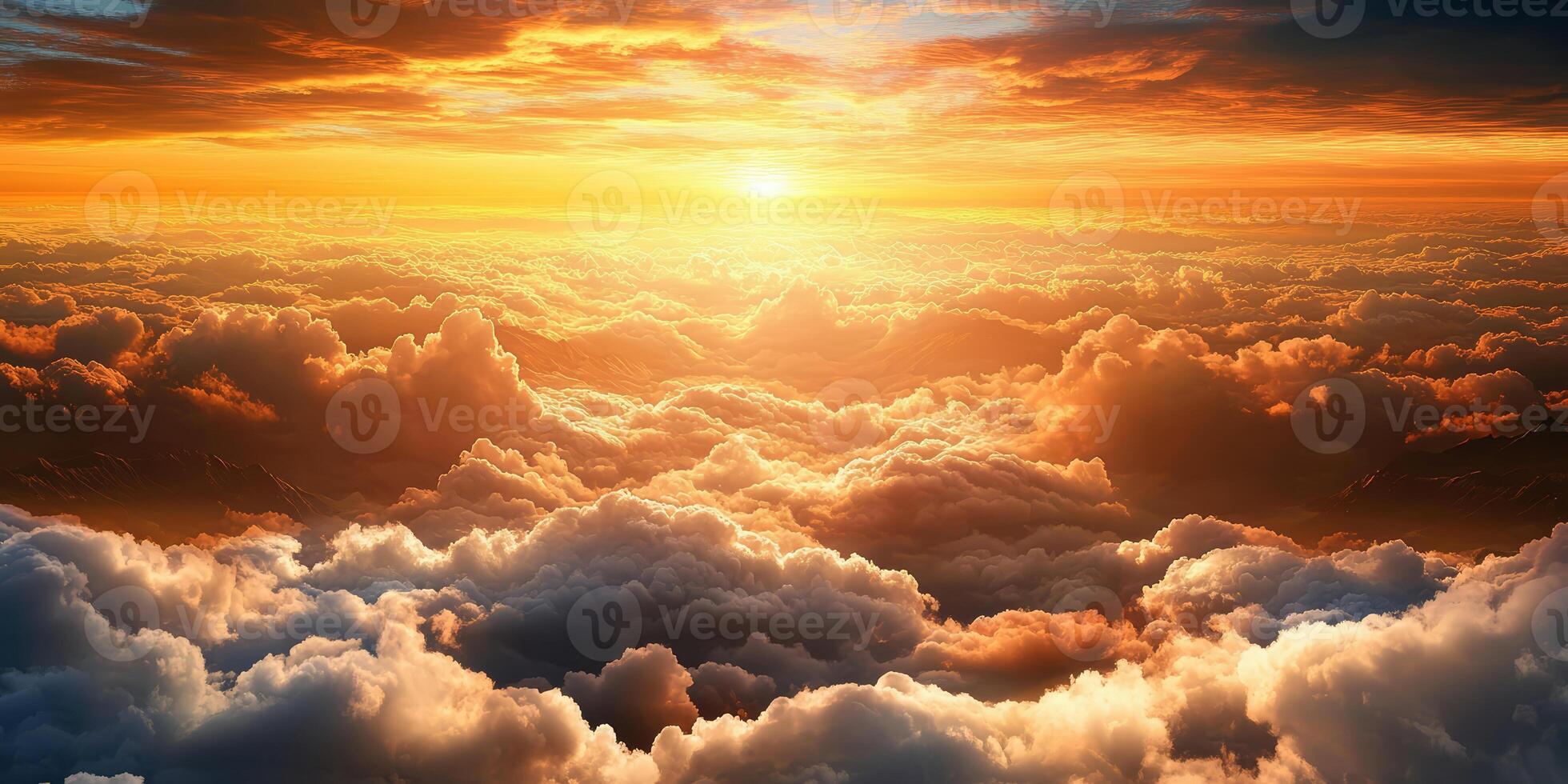 Beautiful sunset over the clouds, view from above, mountains in the distance, photorealistic photo