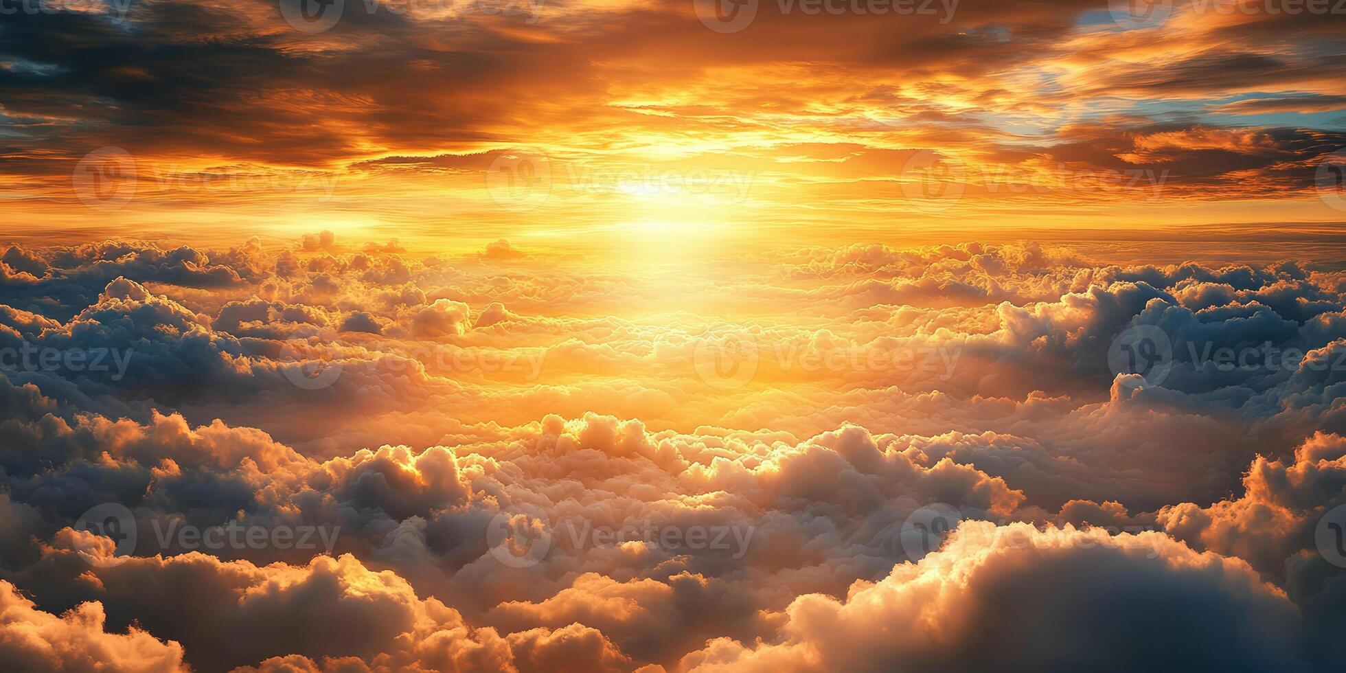 Beautiful sunset over the clouds, view from above, mountains in the distance, photorealistic photo