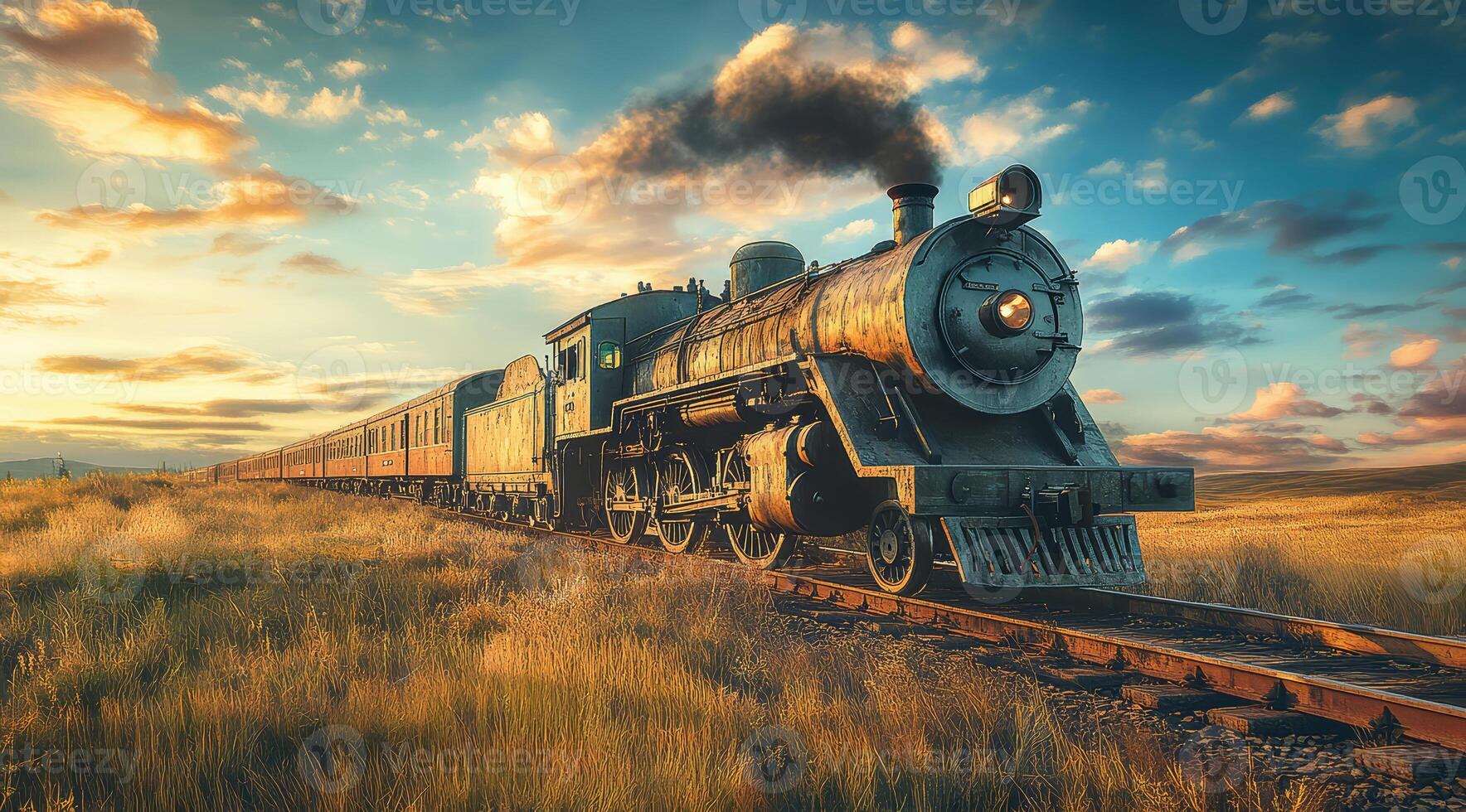 An old train on the railway track, countryside landscape with a beautiful sky, photo realistic