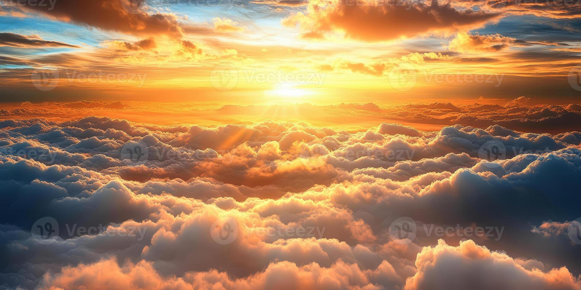 Beautiful sunset over the clouds, view from above, mountains in the distance, photorealistic photo