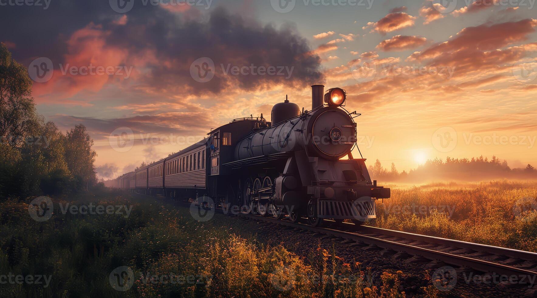 An old train on the railway track, countryside landscape with a beautiful sky, photo realistic