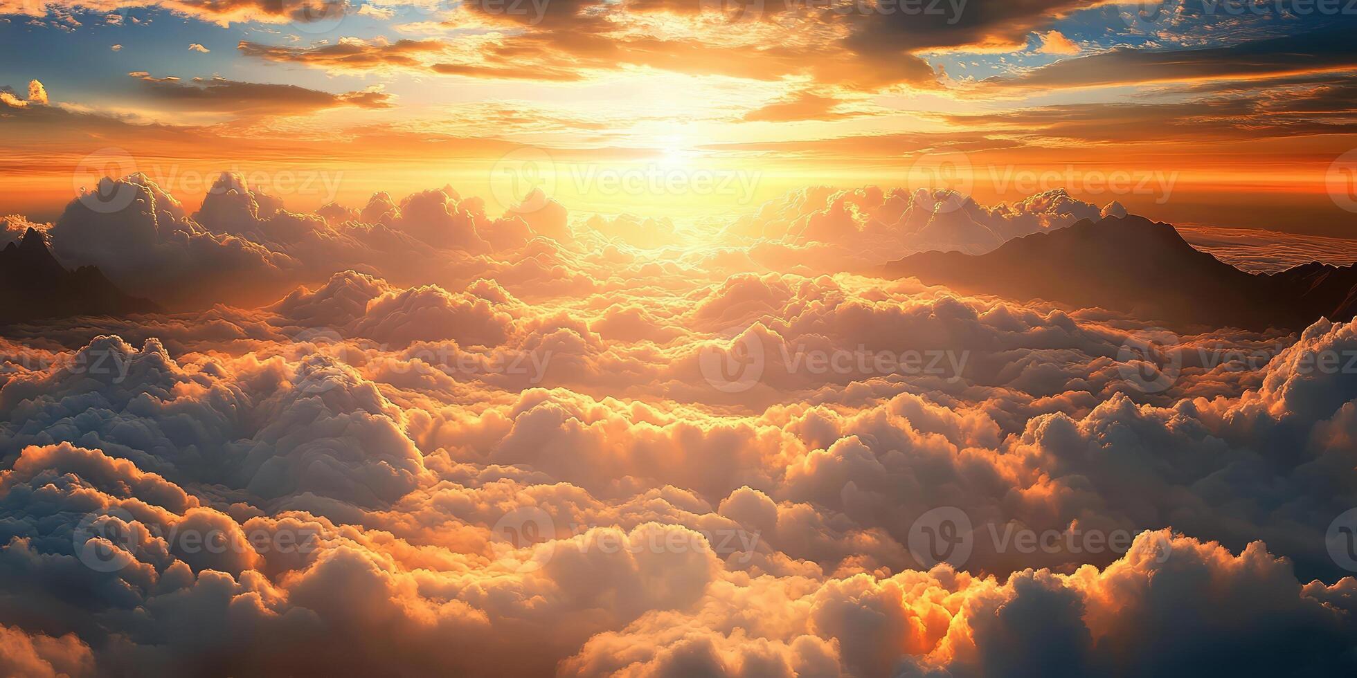 Beautiful sunset over the clouds, view from above, mountains in the distance, photorealistic photo