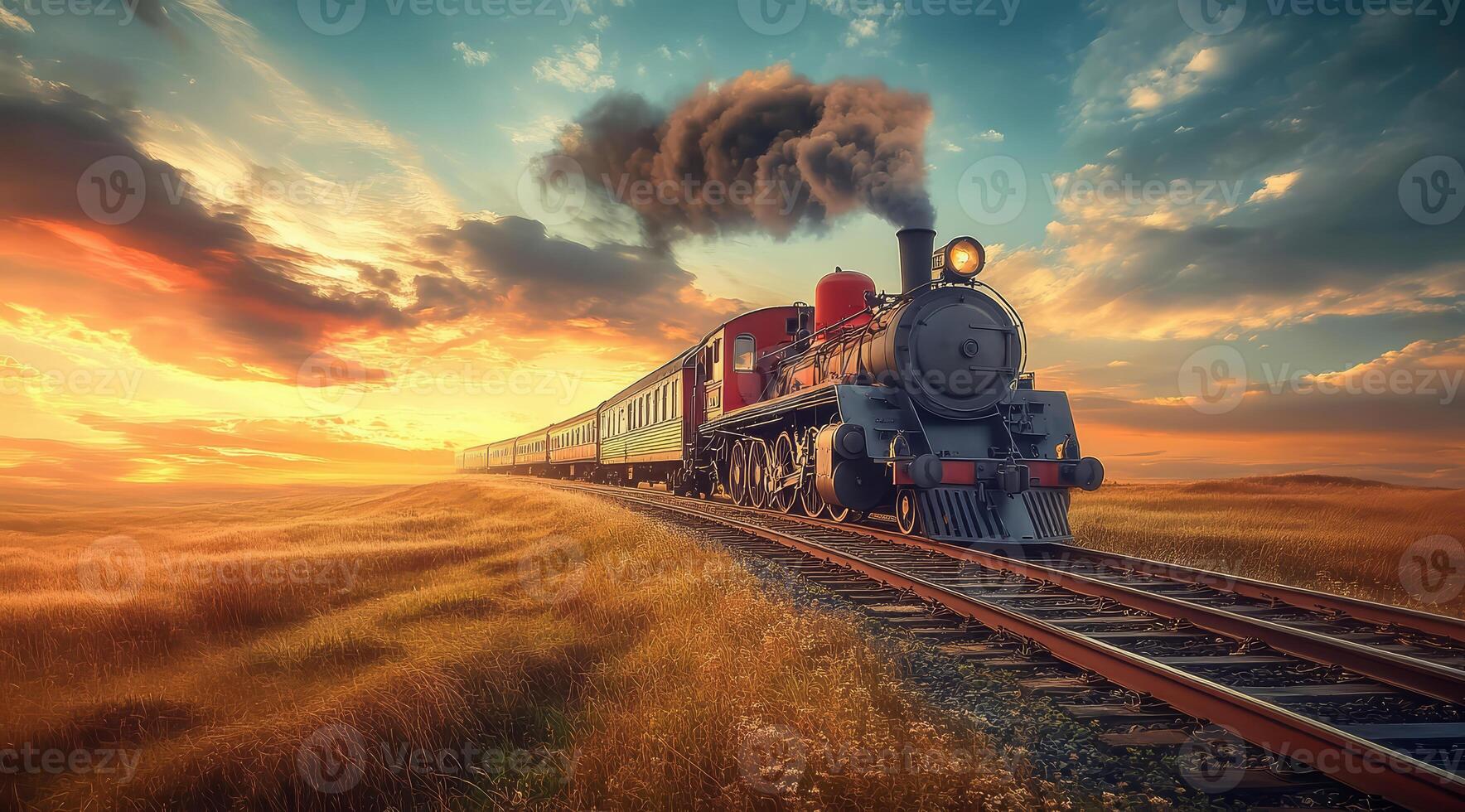 An old train on the railway track, countryside landscape with a beautiful sky, photo realistic