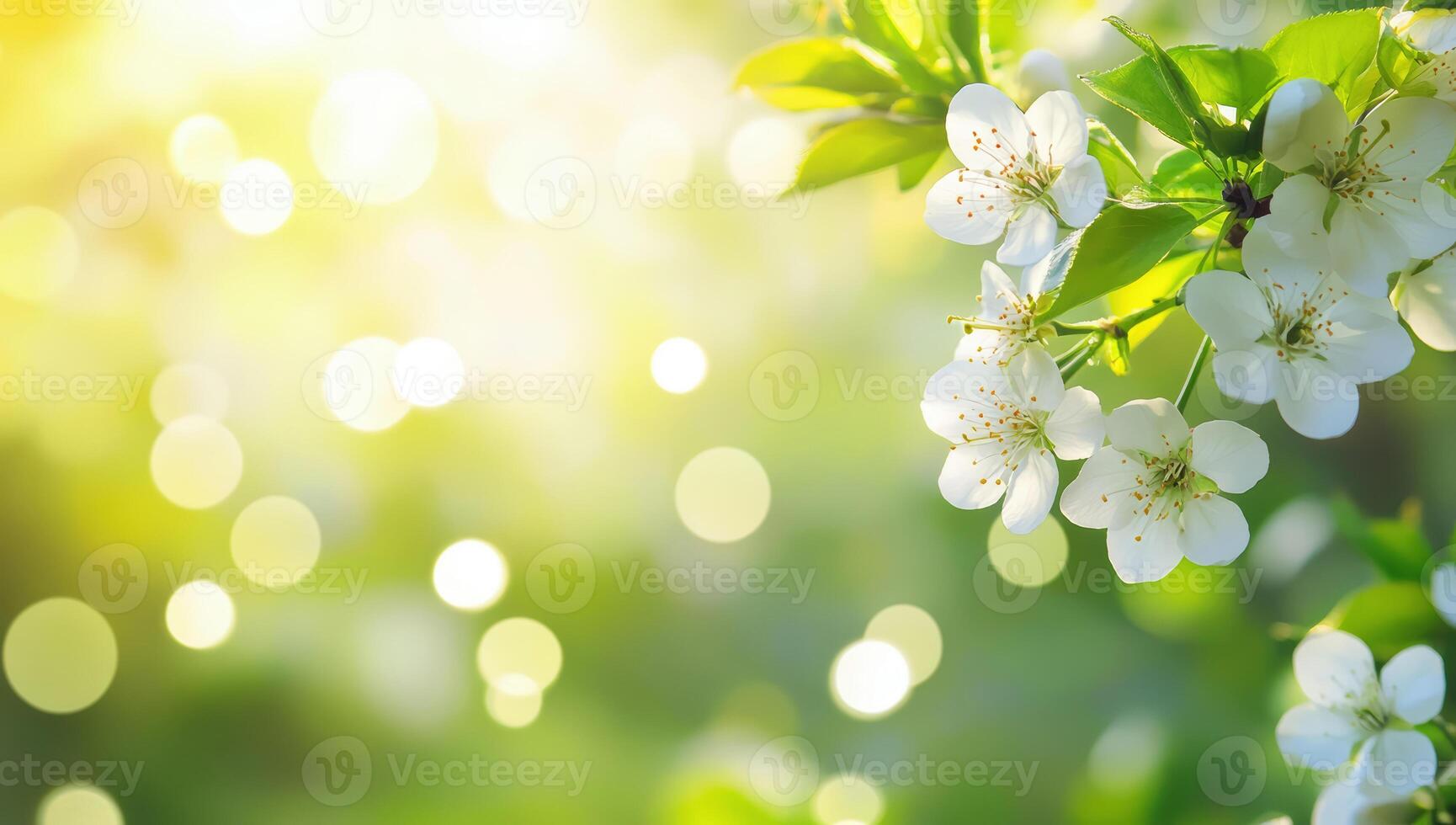 Spring blossom background. Beautiful nature scene with blooming tree and sun flare. Sunny day. Spring flowers. Beautiful Orchard. Abstract blurred background. photo