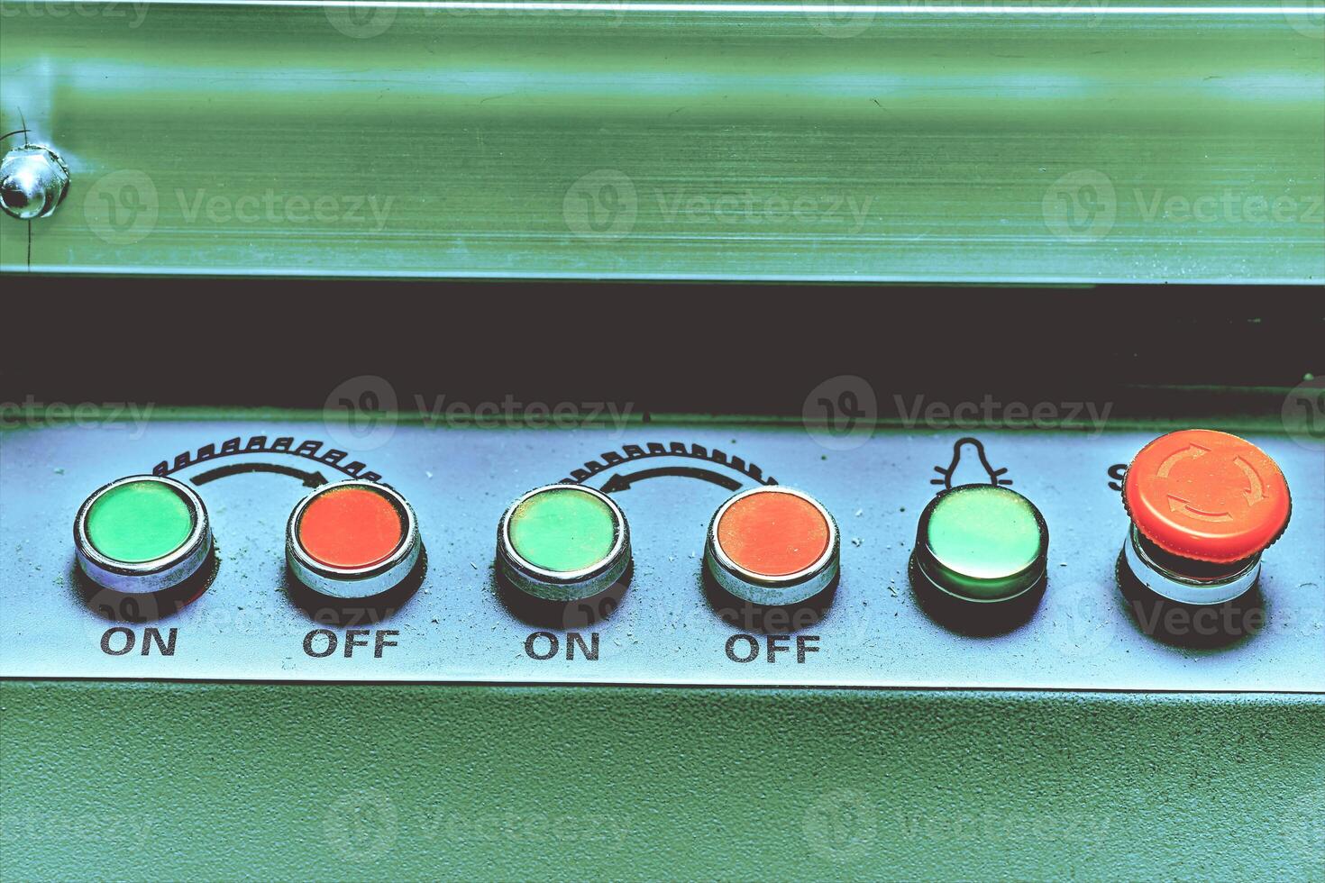 Red and green buttons switch for turn on turn off machine tool, equipment photo