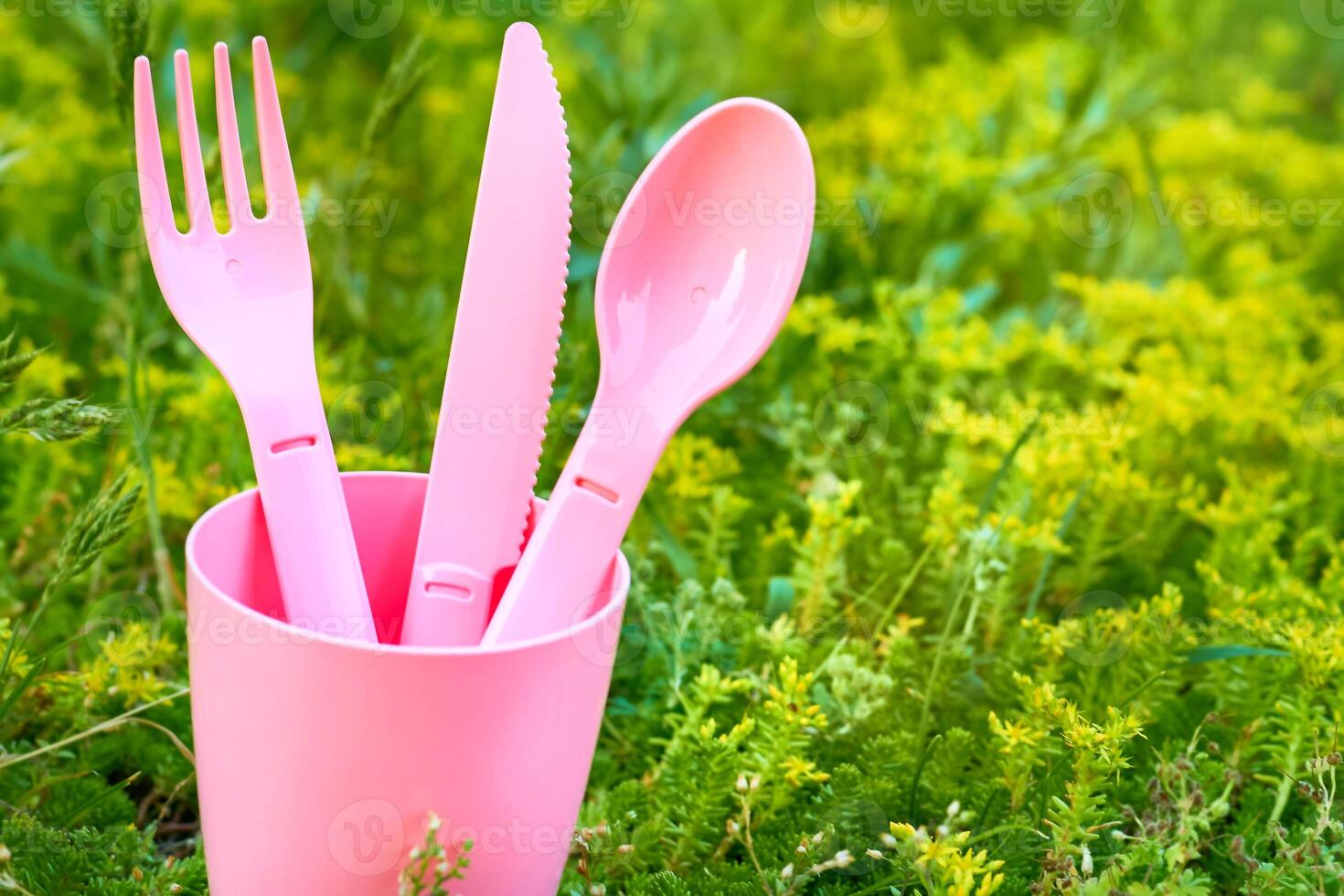 Camping sunset snack.Pink plastic dinnerware set.Cup,fork,knife,spoon photo