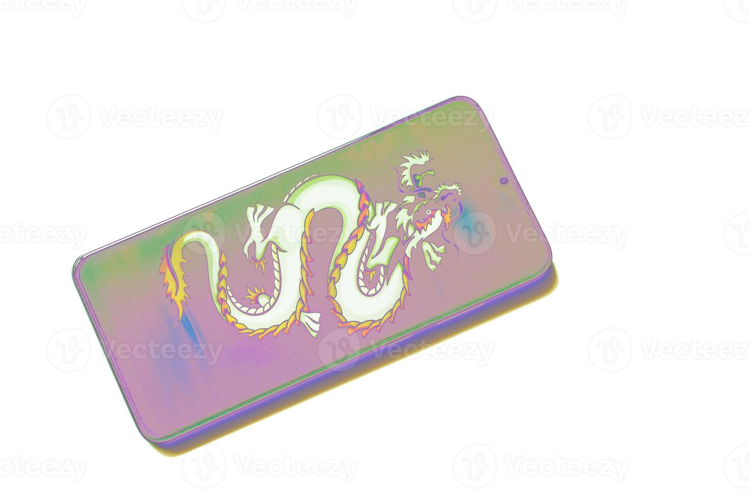 Mobile phone with mythical dragon on white photo