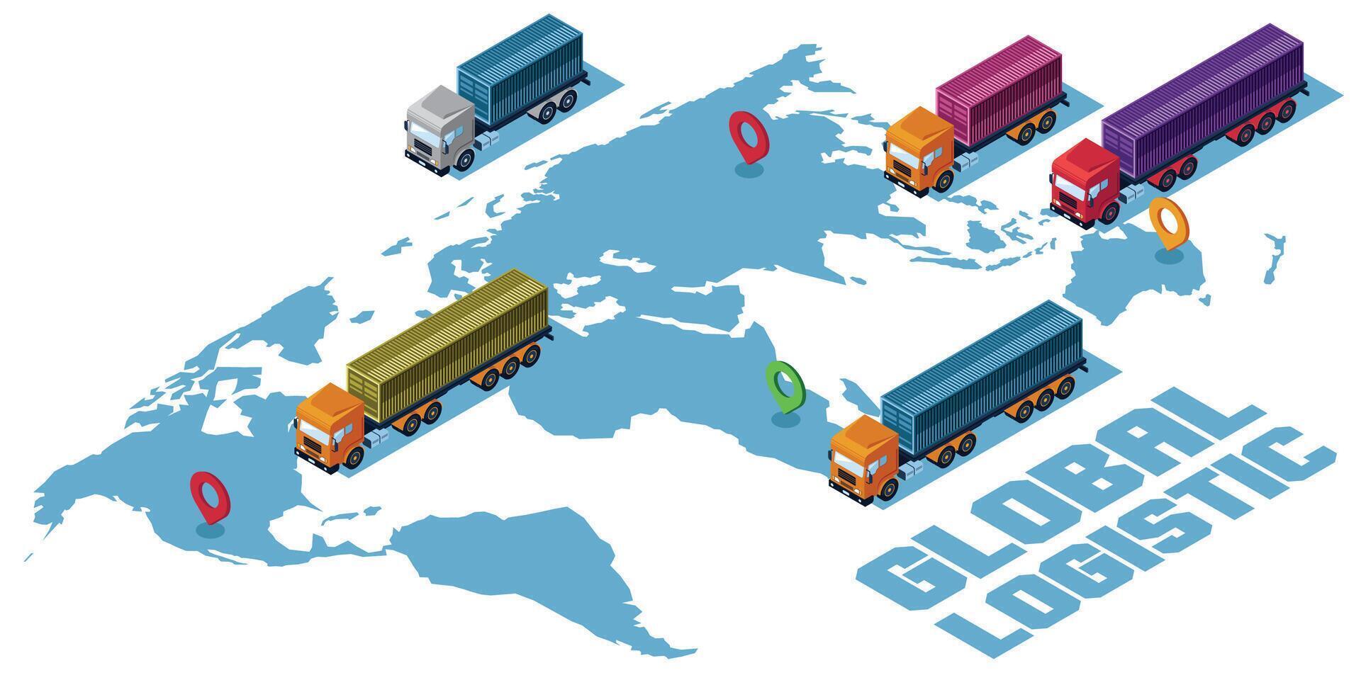 ISOMETRIC ILLUSTRATION, GLOBAL LOGISTIC TRUCKS ON WORLD MAP vector