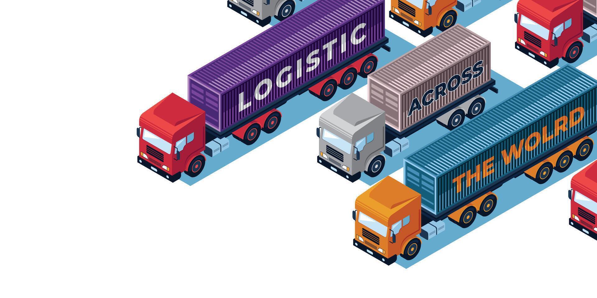 ISOMETRIC ILLUSTRATION, LOGISTIC TRUCKS ACROSS THE WORLD vector