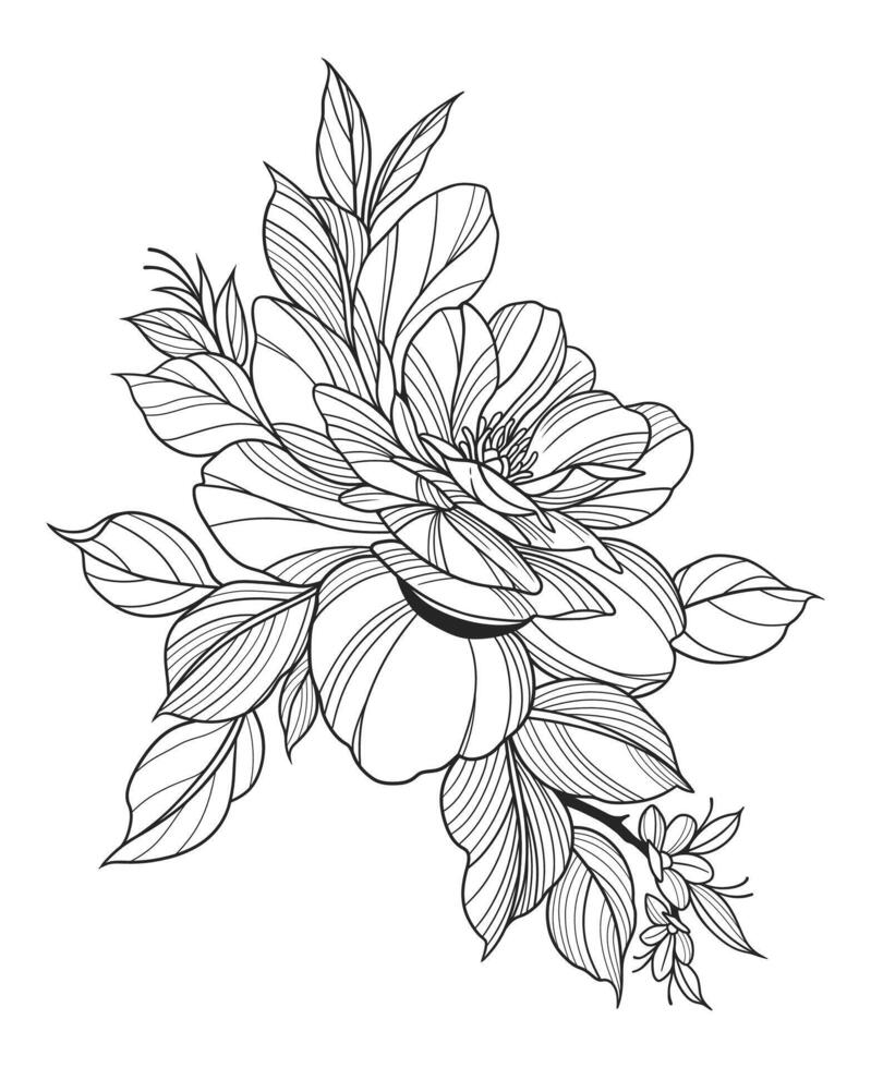 Black and white line art illustration of a detailed flower in full bloom vector