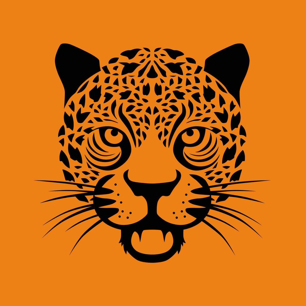 Illustration of a leopard face with orange background, showing feline power and beauty vector