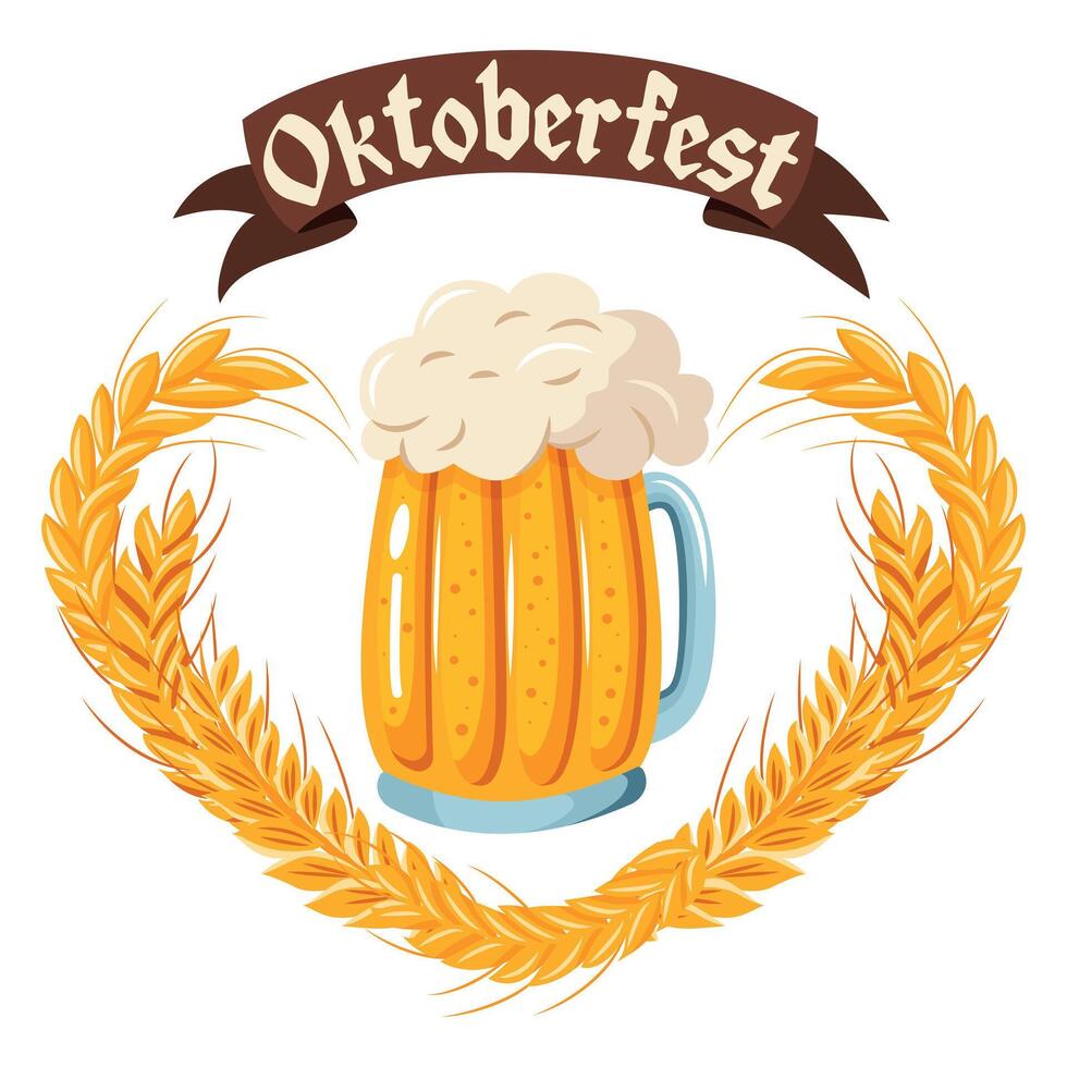 A beer mug with a wheat heart around it and the words Oktobersfest above it. vector