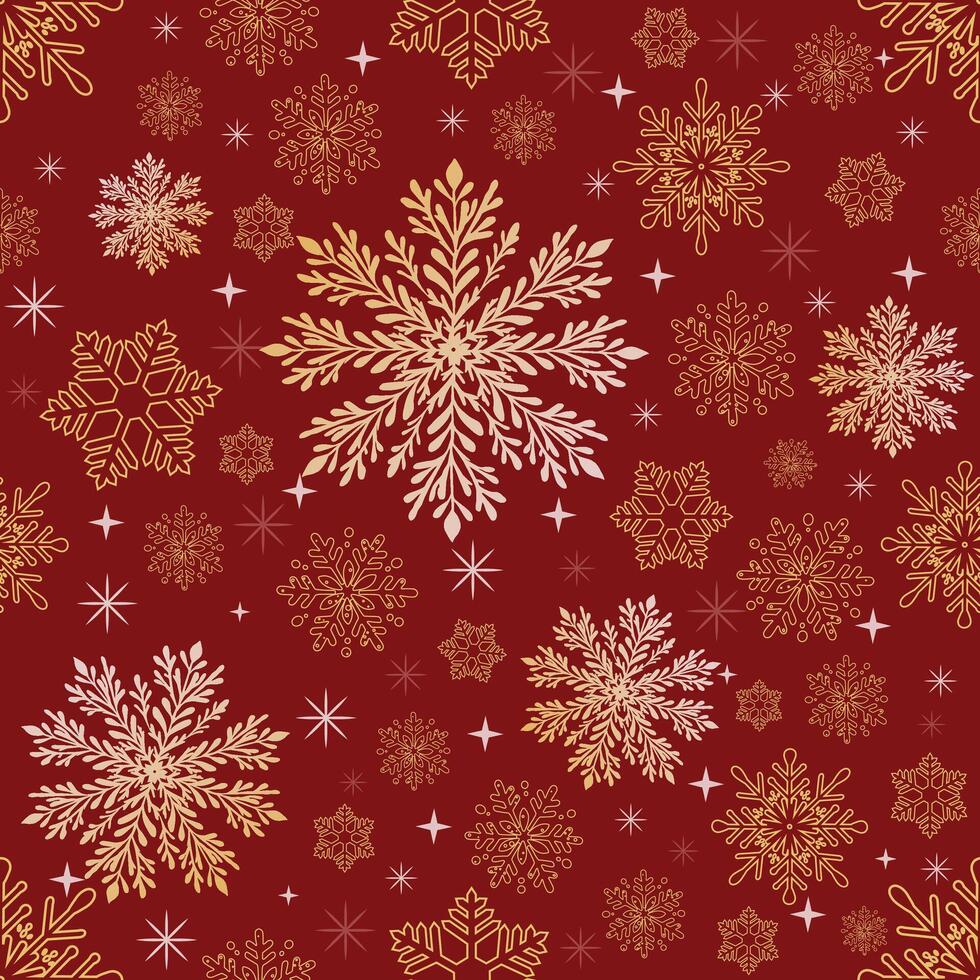 Seamless pattern, Happy New Year, a festive red Christmas background decorated with seamless Golden snowflakes and a winter holiday theme. vector