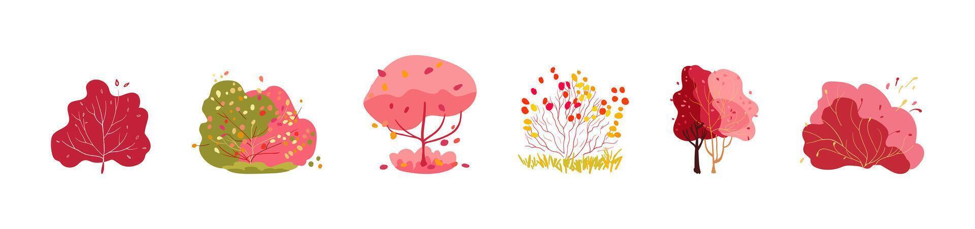 Autumn set of decorative bushes with thin branches of pink and red trees. Leaf fall. Multi-colored bright botany. Bushes with folk branches. Isolated vector