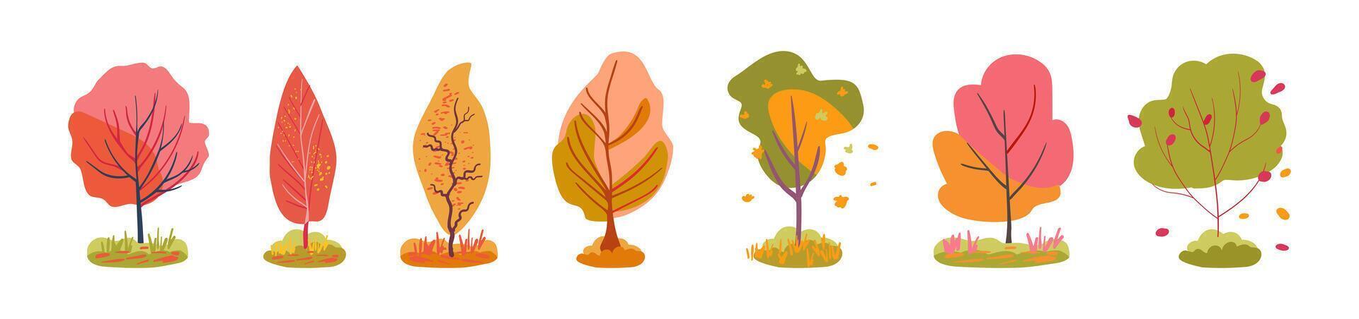 Botanical set of green red trees. Lush orange and pink foliage. Isolated vector
