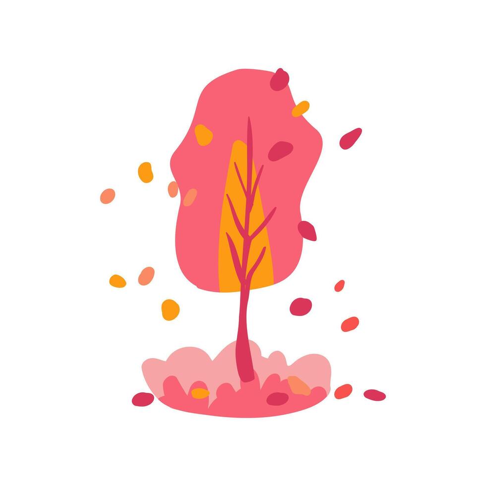 Hand drawn tree with red, pink, and orange colors. Autumn leaves. Simple design. Flat Spring theme. Icon. vector