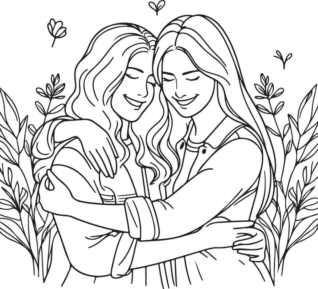 Minimalist Line Art Two Hugging Female Friends Embracing Love and Friendship Clean Illustration vector