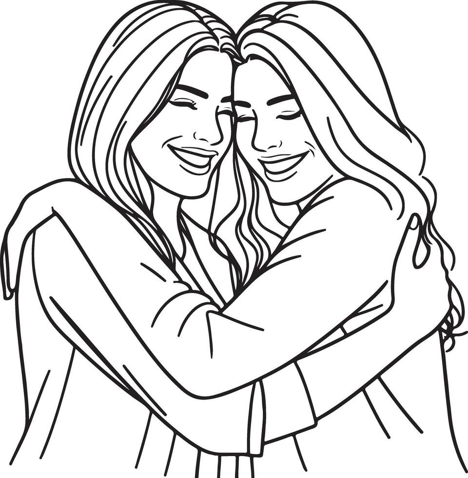 Minimalist Line Art Two Hugging Female Friends Embracing Love and Friendship Clean Illustration vector