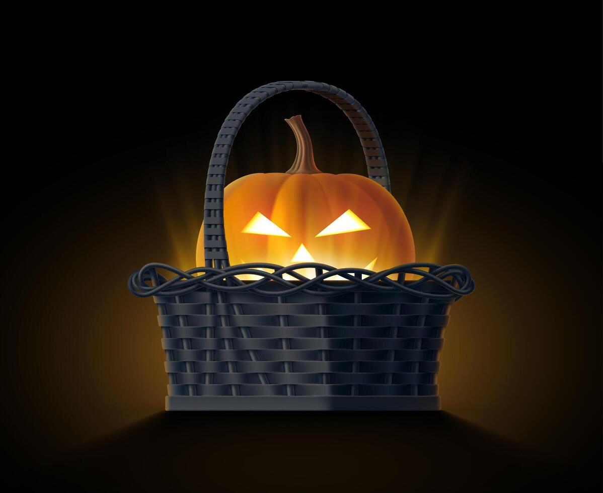 Burning jack-o-lantern. illustration of 3D wicker basket with orange glowing scary pumpkin on dark background. Isolated volumetric realistic template for greeting card, Halloween banner vector