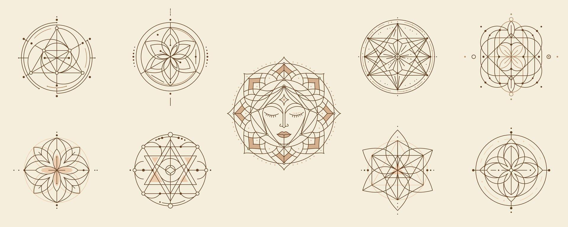 Mystical Sacred Geometry Symbols. Polygonal and Geometric Line Art Patterns Featuring Mandalas, Hexagons, Triangles for Creative, Spiritual, and Esoteric Design vector