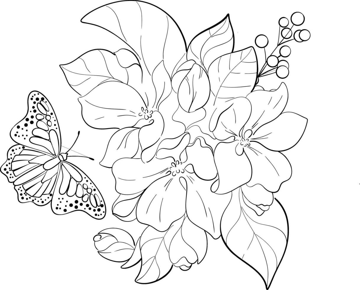 bouquet with butterfly, japanese cherry blooming, sakura art. Apple tree bouquet. Black silhouette for circuit vector