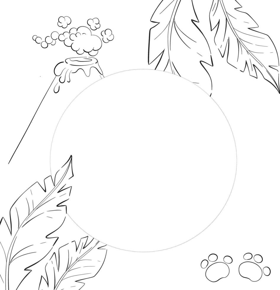 Jurassic period circle frame, nature background, elements, nature, black volcano, palm in cartoon style vector