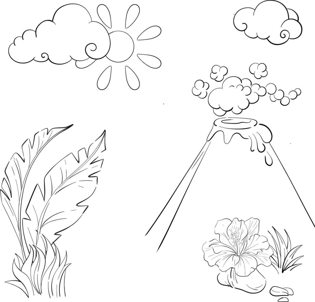 Jurassic period elements, nature, black volcano, palm leaves in cartoon style. Background vector
