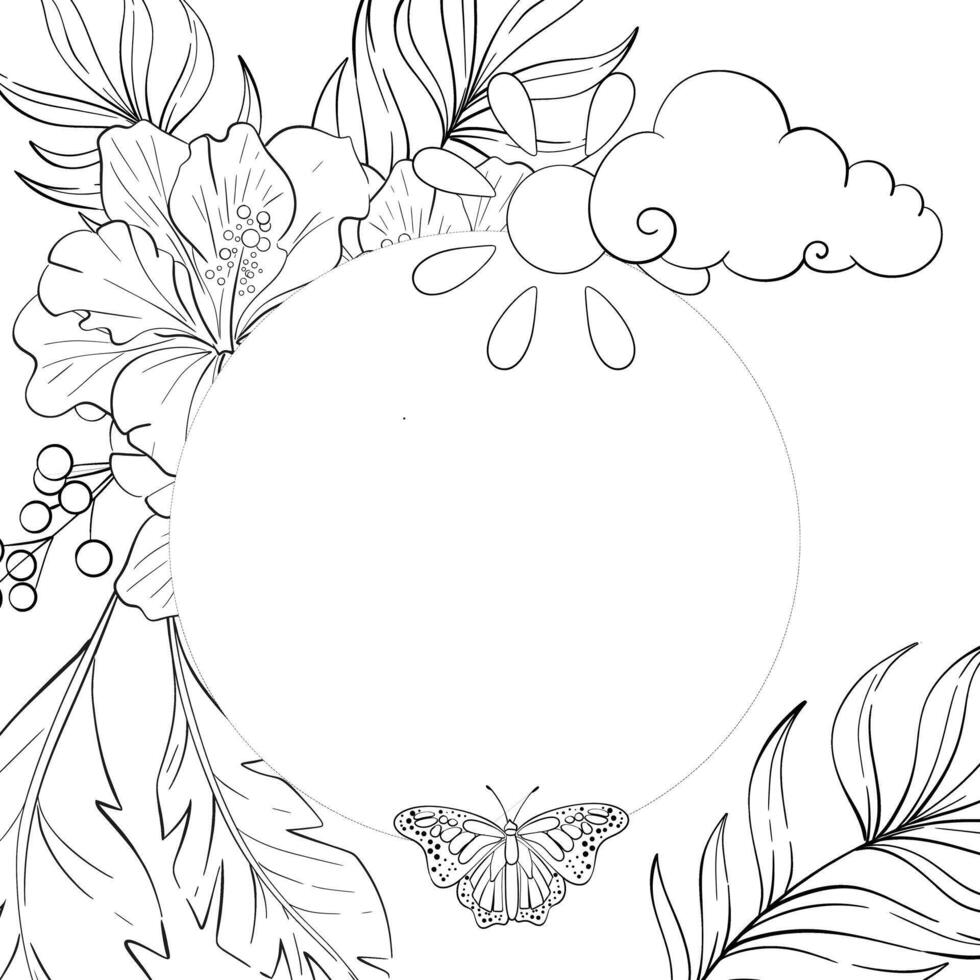 Hibiskus bouquet circle frame with palm leaves, sun, clouds, butterfly. Tropical botanic illustration. Summer exotic, elegant flora. Black silhouette for circuit vector