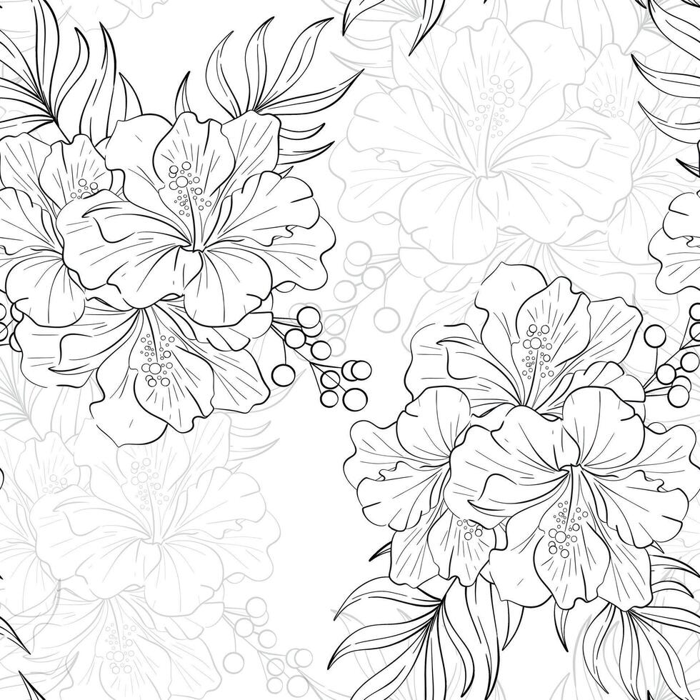 seamless pattern Hibiskus bouquet with palm leaves. Bright flower, Tropical botanic illustration. Summer exotic, elegant flora. Black silhouette for circuit vector